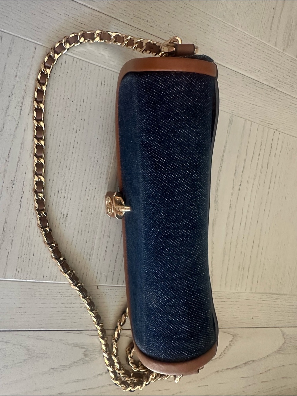 Michael Kors Navy Denim and Brown Leather-Trim Crossbody with Gold Chain - Picture 4 of 16